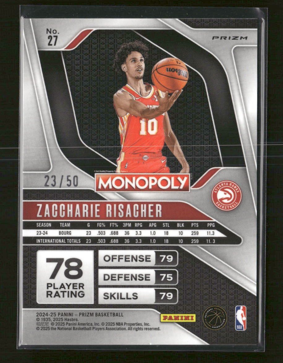 2024-25 Panini Monopoly Purple Millionaire Shimmer Zaccharie Risacher #/50 #27