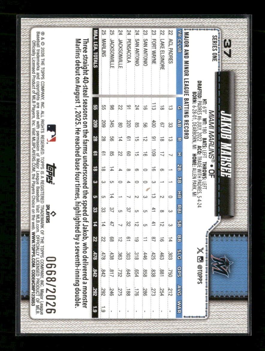 2026 Topps Gold Jakob Marsee #/2026 #37