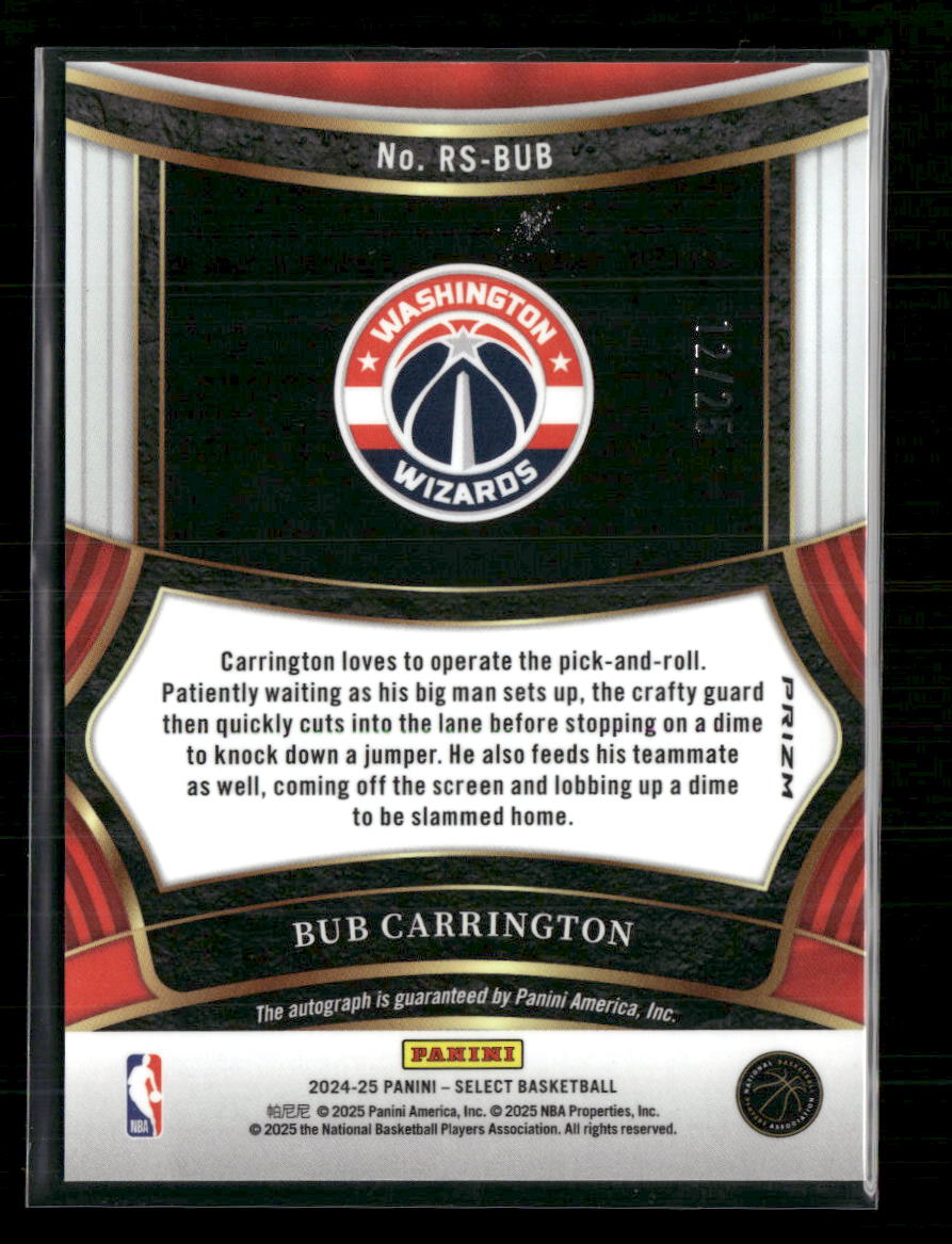 2024-25 Panini Select Rookie Auto Tie-Dye Prizms Bub Carrington #/25 #RS-BUB