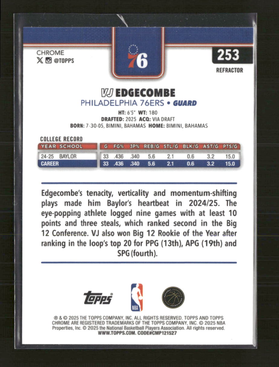 2025-26 Topps Chrome Refractor VJ Edgecombe Rookie #253